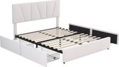 Merax Tweepersoonsbed 160x200 cm - Gestoffeerd Bed met Opbergruimte - Wit