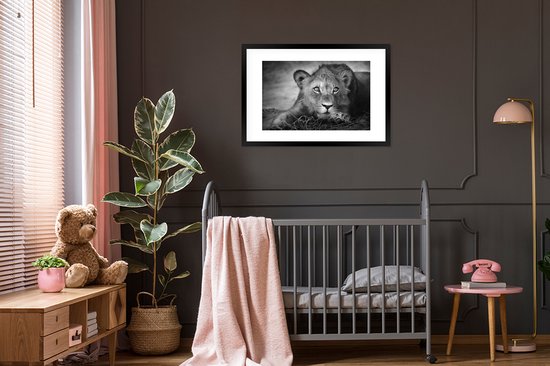 Cadre photo avec affiche - Animaux sauvages - Lion - Nature - Zwart - Wit - 90x60 cm - Cadre pour affiche