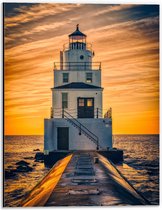 Dibond - Vuurtoren bij de Zee met Zonsondergang - 30x40 cm Foto op Aluminium (Met Ophangsysteem)