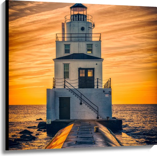Canvas - Vuurtoren bij de Zee met Zonsondergang - 100x100 cm Foto op Canvas Schilderij (Wanddecoratie op Canvas)
