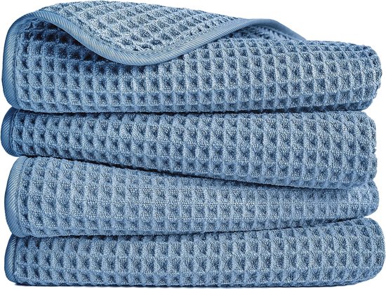 Microvezel pluisvrije handdoek, 40 x 76 cm, verpakking van 4 (blauw, wafelweefsel)