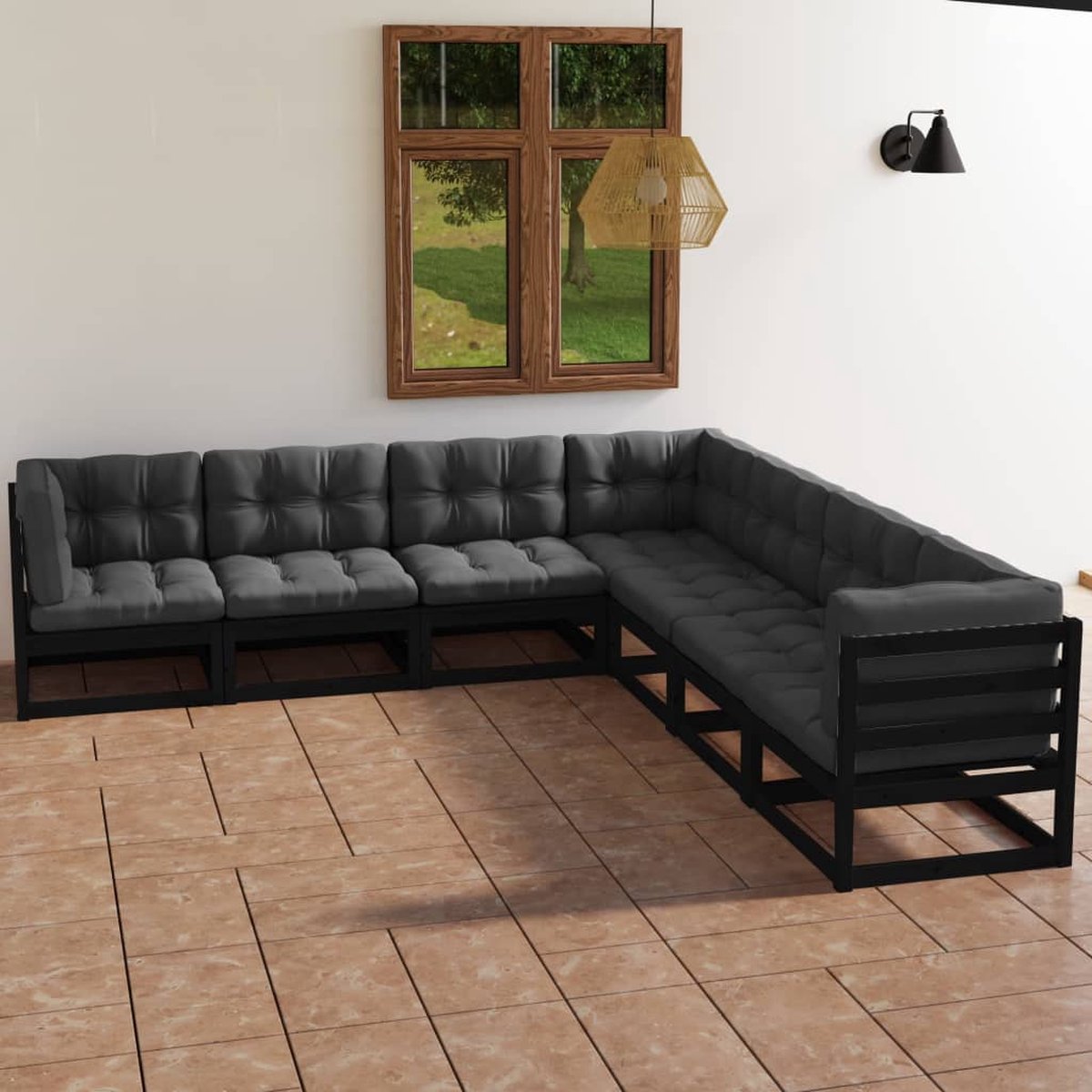 The Living Store 7-delige Loungeset met kussens massief grenenhout - Tuinset - Lounge Set - Houten Bank - Zwarte Loungestoel - Buitendecor