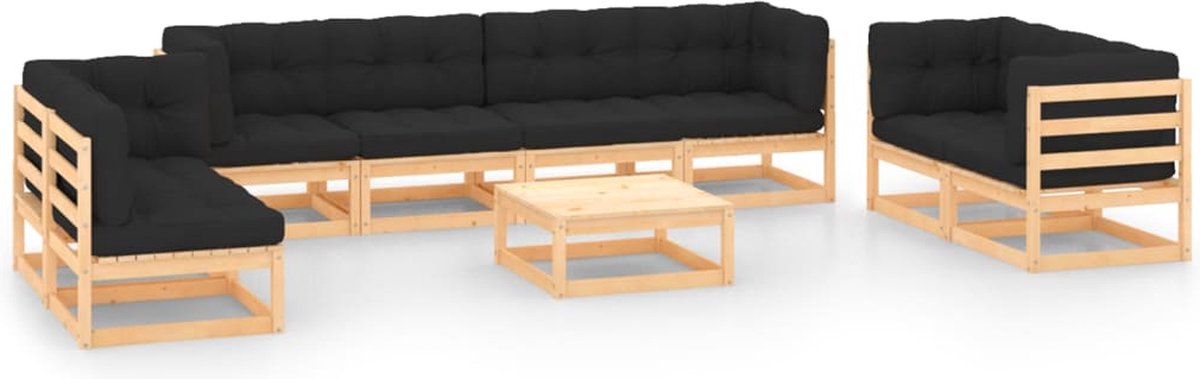 Massief grenenhouten loungeset met kussens - tuinmeubel in natuurlijke kleuren.