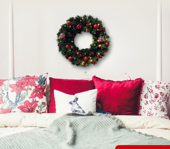 Buxibo PVC Kerstkrans met Decoraties - Groen - Met 40 Lampjes op Batterijbox - 150 Takken - 50cm