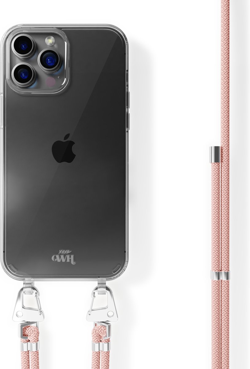 xoxo Wildhearts siliconen hoesje - Geschikt voor iPhone 12 Pro Max - Telefoonhoesje - Hoesje met koord - telefoonkoord - Transparant hoesje - Roze koord