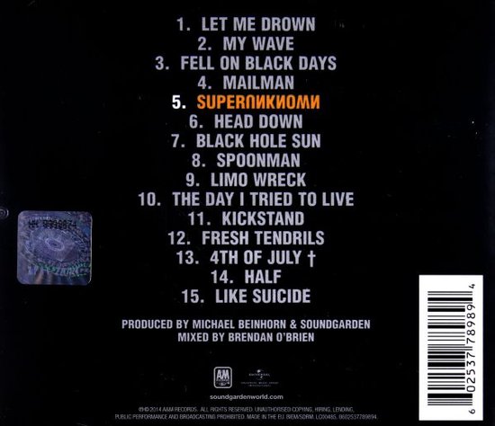 Achterkant cd met tracklist, waaronder 'Superunknown', met logo's en barcodes.
