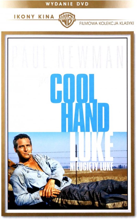 Paul Newman in Cool Hand Luke, liggend met een sigaret in zijn mond. DVD-hoes met gouden rand.