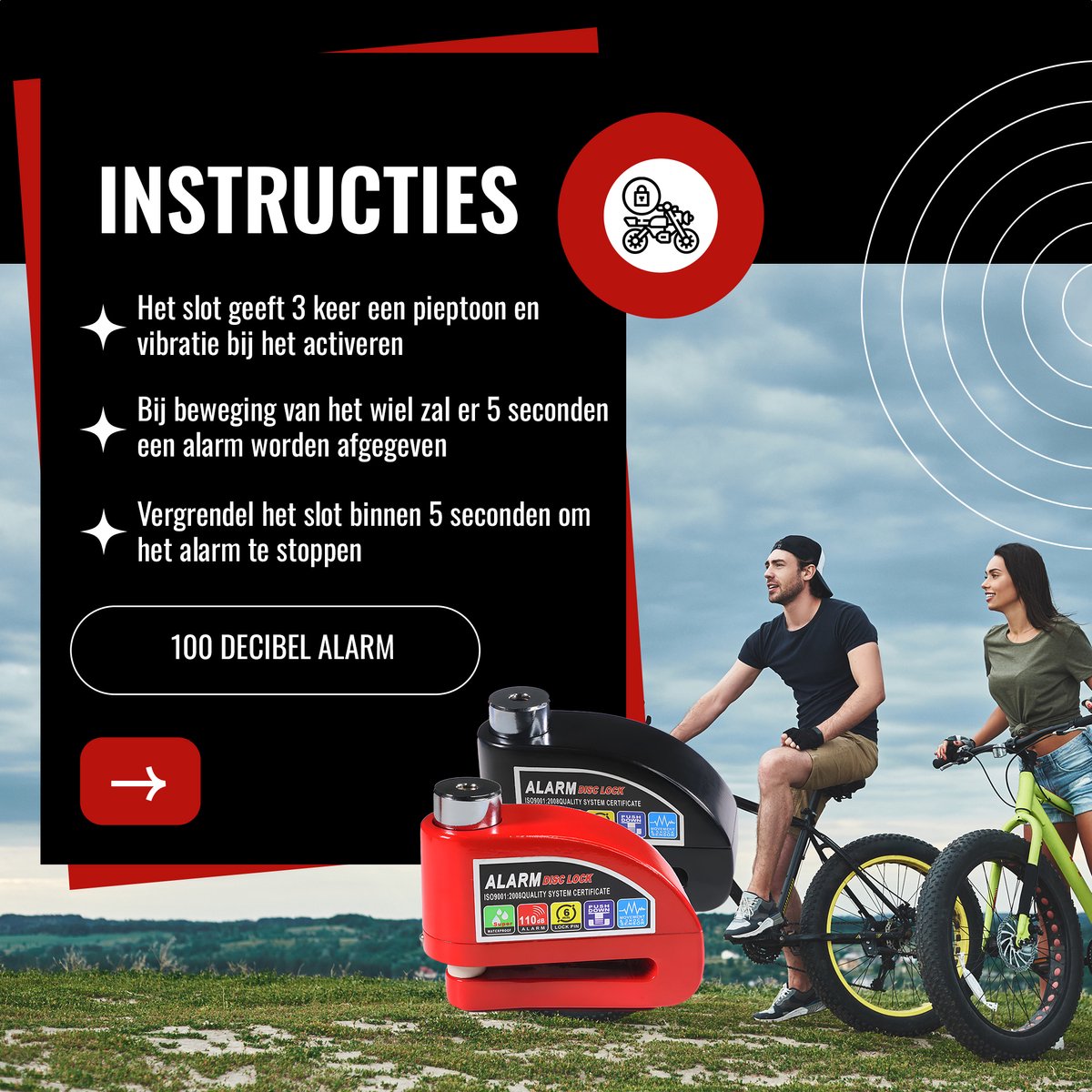 Schijfremslot met Alarm - Fatbike slot - Remschijfslot - scooter - fatbike- elektrische fiets - motor - bescherm je tweewieler - – foto 4