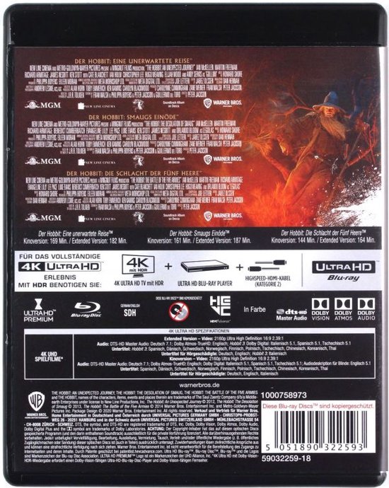 De achterkant van de 4K Ultra HD Blu-ray van de Hobbit trilogie met gedetailleerde productinformatie en afbeeldingen van personages.