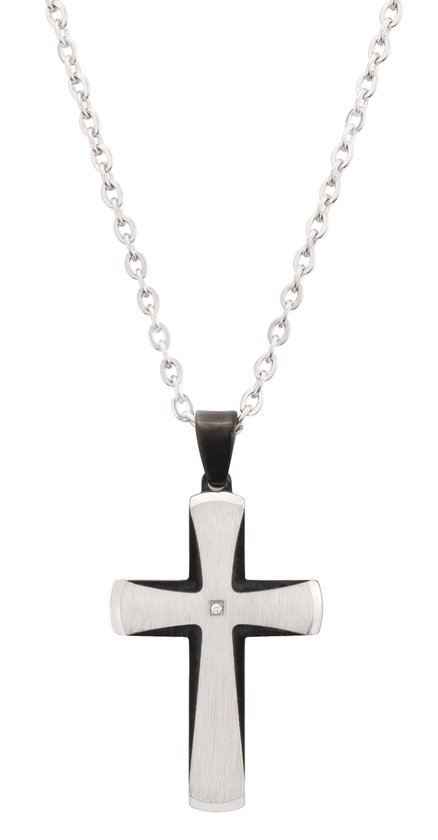 Traveller Kruis Ketting - Heren - Edelstaal - Zirkonia - Zilver / Zwart - Glanzend - 50 + 5 cm - 181214