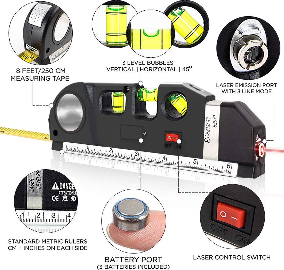 Niveau à bulle multifonction - mètre ruban - laser - règle - noir