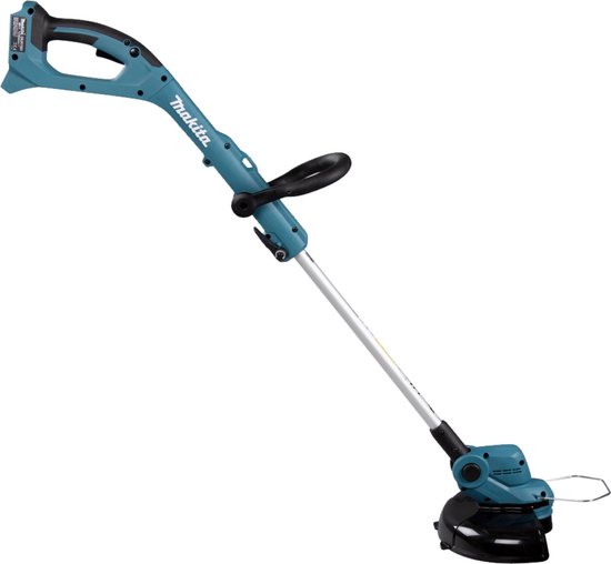 Turquoise Makita grastrimmer met een gebogen handgreep en rechte schacht.