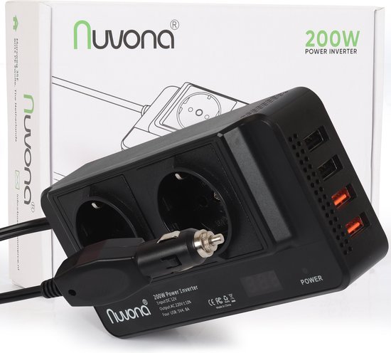 Onduleur Nuvona 12v 230v - 200W/ 400W - Chargeur voiture - Répartiteur allume-cigare - Onde sinusoïdale modifiée 200W - 2x prise 230V - 4x ports de charge USB 5V