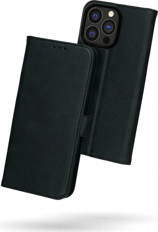 Rosso Deluxe Étui en Cuir véritable pour Apple iPhone 15 Pro | Espace pour trois cartes | Étui portefeuille | Avec porte-cartes | Noir