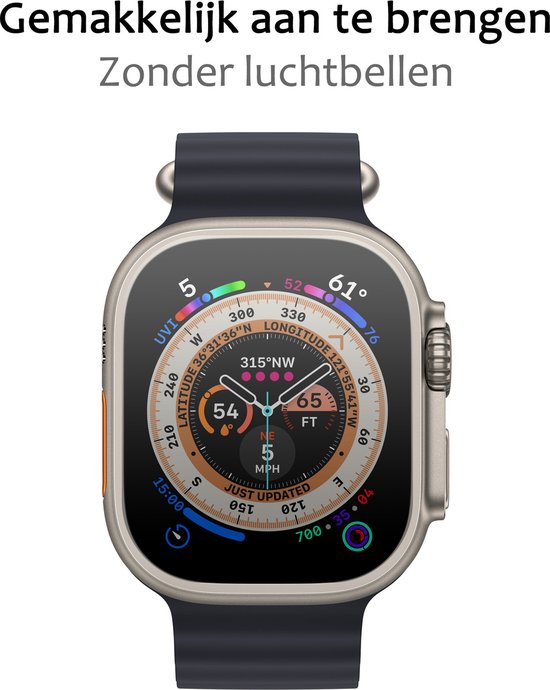 Apple Watch Ultra met donkerblauwe band, met een screenprotector en tekst 'Gemakkelijk aan te brengen Zonder luchtbellen'.