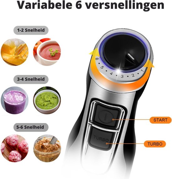 Happyment 4-in-1 Staafmixer Set - Hakmolen - Hand Blender - 6 snelheden - 1200W - Incl. Accessoires van Happyment — afbeelding 3