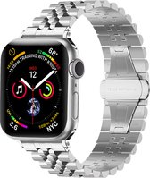 Strap-it Jubilee stalen schakel band - Geschikt voor Apple Watch bandje - Series 1/2/3/4/5/6/7/8/9/SE/Ultra (2) - Zilver - Staal/metalen luxe band met vlindersluiting - RVS iWatch bandje voor maat: 42 mm 44 mm 45 mm 49 mm