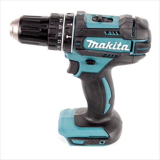Perceuse sans fil Makita noire et turquoise avec mandrin métallique et poignée noire.