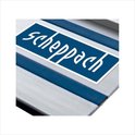 Gedetailleerde close-up van het Scheppach logo op een aluminium geleiderail.