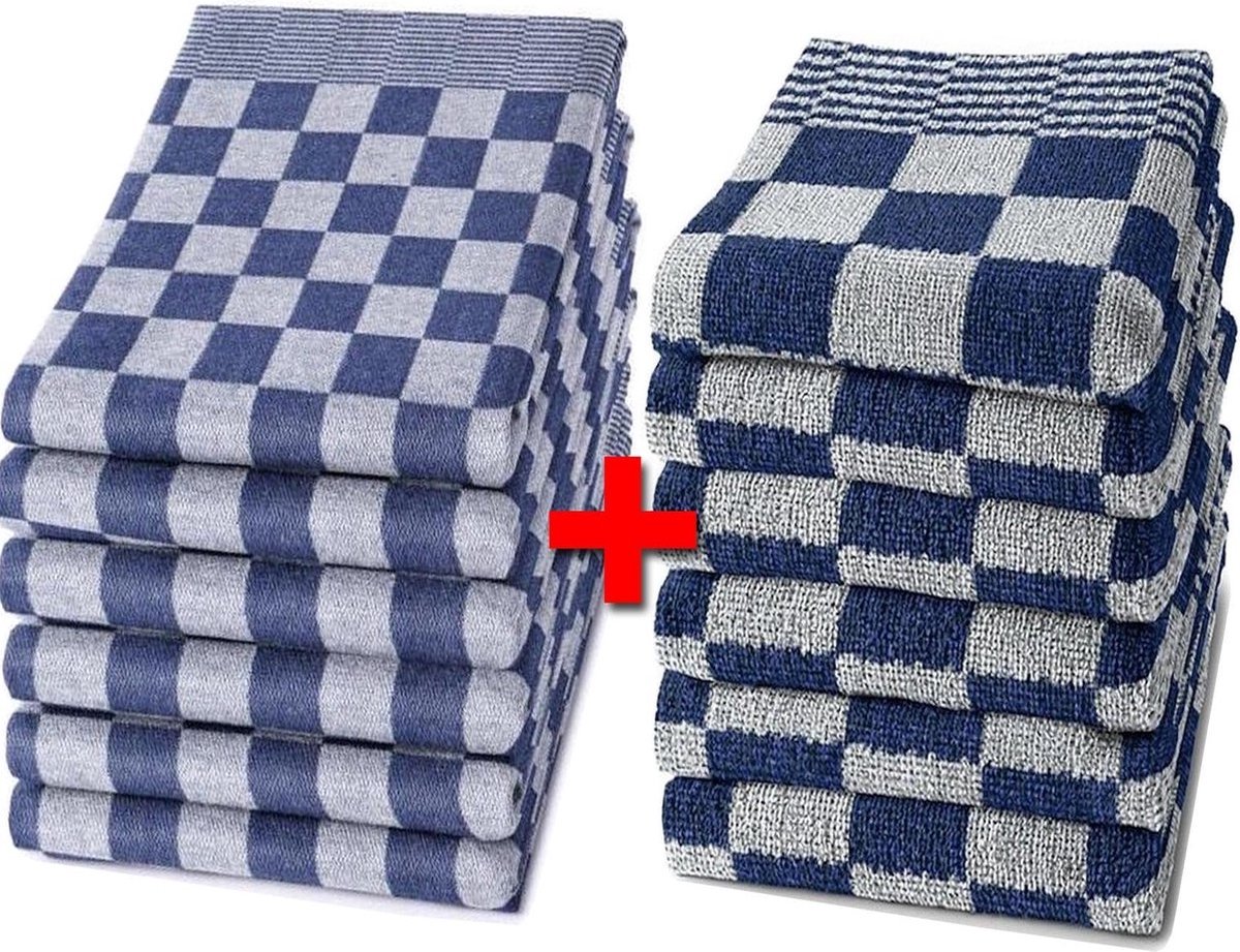 Bol.com Slaaptextiel HORECA Theedoeken en Keukendoeken Set - 6 Theedoeken - 6 Keukendoeken - Horecakwaliteit - Geblokt - Blauw aanbieding