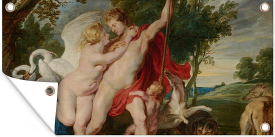 Tuinposter Venus poogt Adonis van de jacht te weerhouden - Schilderij van Peter Paul Rubens - 60x30 cm - Tuindoek - Buitenposter