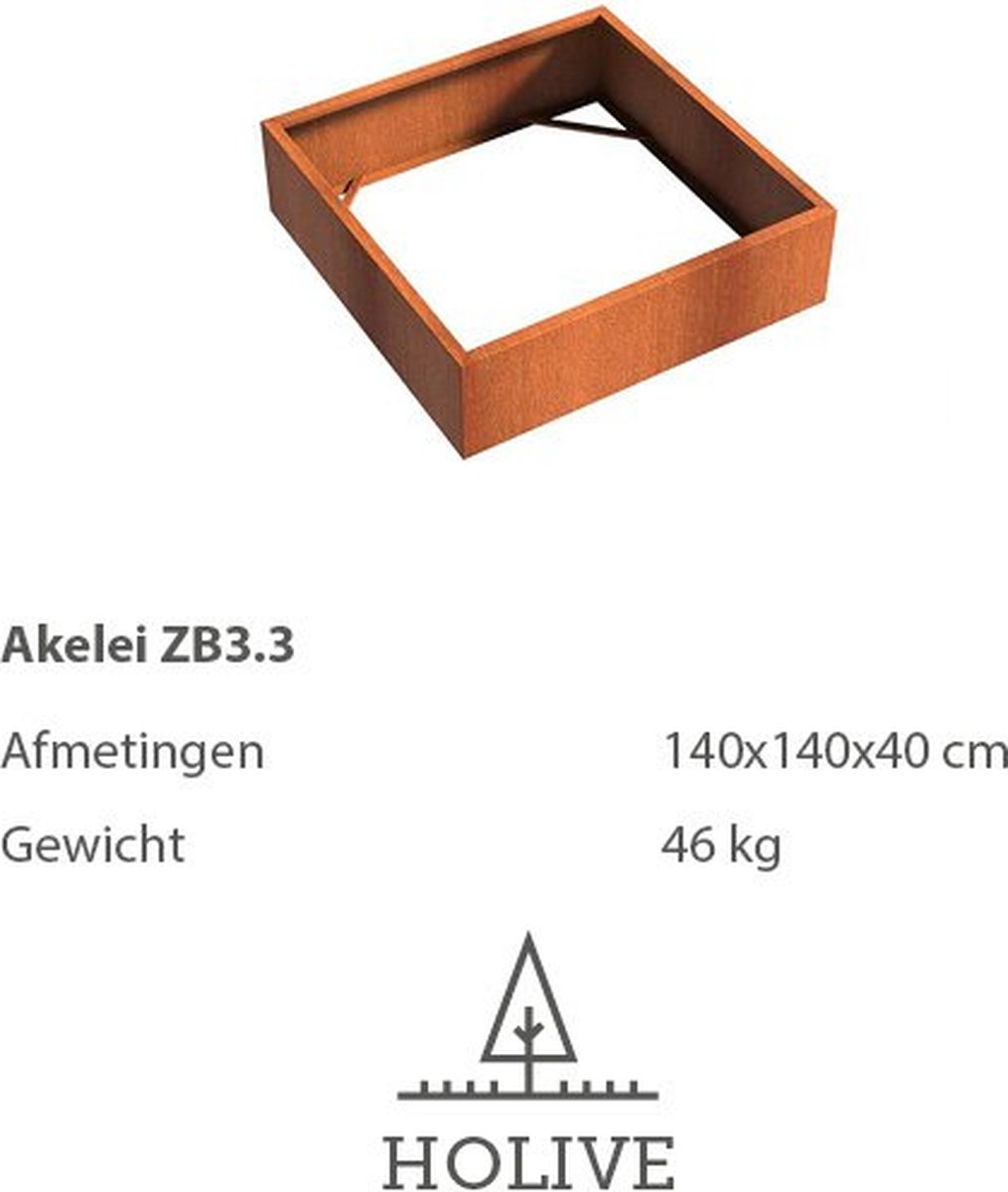 Cortenstaal Akelei ZB3.3 Vierkant zonder bodem 140x140x40 cm. Plantenbak