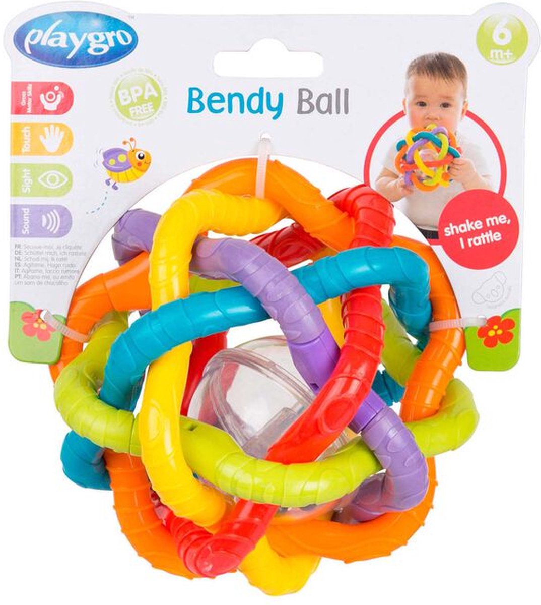 Playgro Buigbare Bendy Ball - Grijp- en Bijtspeelgoed - incl rammelaar - Activiteitenbal- Baby bal - Baby Speelgoed - Educatief baby speelgoed - Speelgoed Baby - Activity centre - Rammelaar - Activiteiten speelgoed - Cadeau - stimuleert ontwikkeling