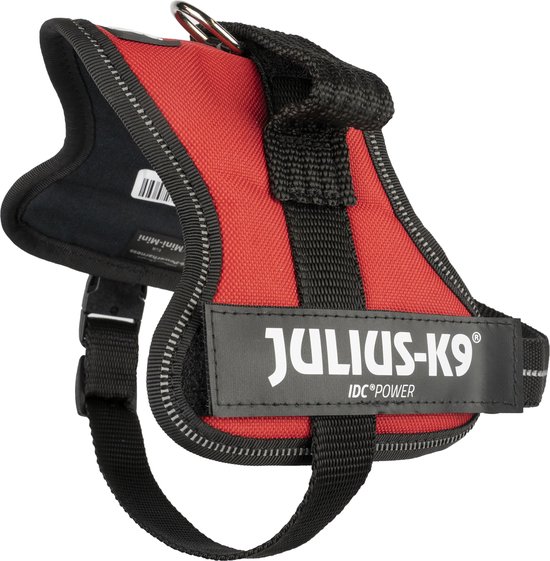 Rood Julius-K9 IDC®POWER "Mini-Mini" hondentuig met zwarte gespen en reflecterende rand.