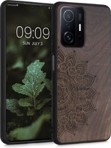 kwmobile telefoonhoesje compatibel met Xiaomi 11T / 11T Pro - Hoesje met bumper in donkerbruin - walnoothout - Opkomende Zon design