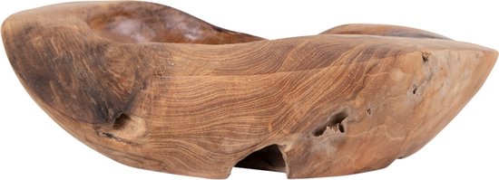 Grote, ruw afgewerkte houten schaal met veel textuur.