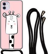 Hoesje met koord Geschikt voor iPhone 12 - Giraffe - Kinderen - Roze - Siliconen - Crossbody - Backcover met Koord - Telefoonhoesje met koord - Hoesje met touw