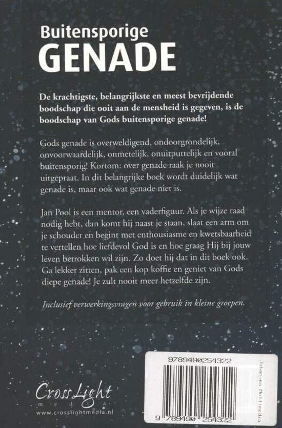 Achterkant boek met tekst over 'Buitensporige genade'. Titel, samenvatting en uitgever informatie. ISBN: 9789490254322.