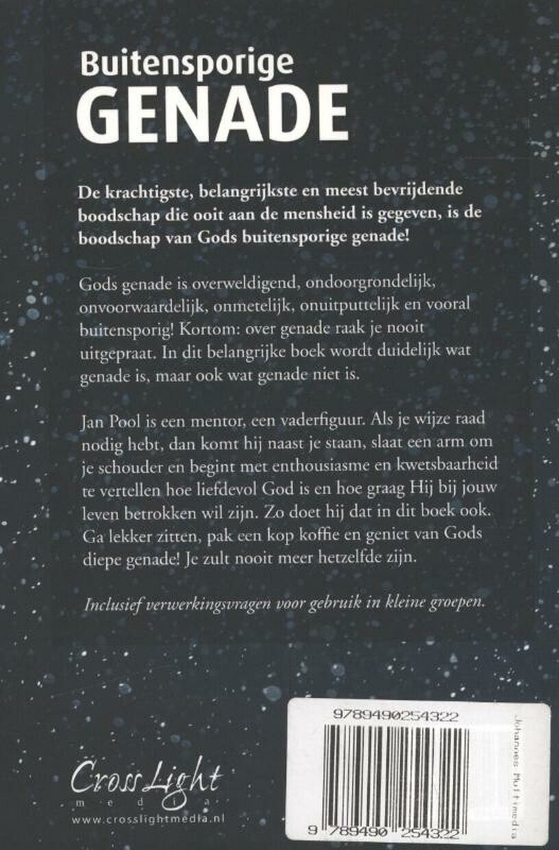 Achterkant boek met tekst over 'Buitensporige genade'. Titel, samenvatting en uitgever informatie. ISBN: 9789490254322.