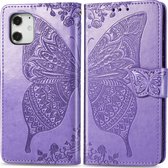 Apple iPhone 12 Hoesje - Mobigear - Butterfly Serie - Kunstlederen Bookcase - Paars - Hoesje Geschikt Voor Apple iPhone 12