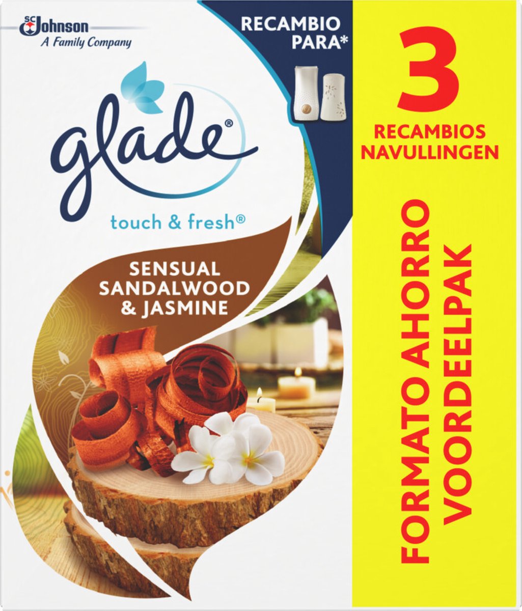8x Glade Luchtverfrisser Touch & Fresh Navul Voordeelpak Sandalwood & Jasmine 3x10 ml