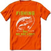 Fishing Has No Age Limit - Vissen T-Shirt | Groen | Grappig Verjaardag Vis Hobby Cadeau Shirt | Dames - Heren - Unisex | Tshirt Hengelsport Kleding Kado - Oranje - 3XL