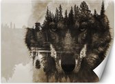 Trend24 - Behang - Wolf Op Een Achtergrond Van Een Meer - Vliesbehang - Fotobehang Dieren - Behang Woonkamer - 200x140 cm - Incl. behanglijm