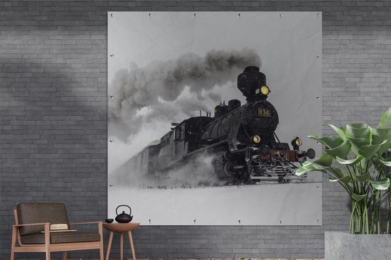 Affiche de Jardin Locomotive à vapeur dans la neige - carré - 200x200 cm - Toile jardin - Affiche extérieure