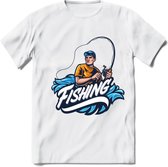 Fishing - Vissen T-Shirt | Grappig Verjaardag Vis Hobby Cadeau Shirt | Dames - Heren - Unisex | Tshirt Hengelsport Kleding Kado - Wit - XXL