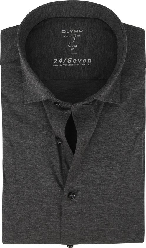 OLYMP Level 5 24/Seven body fit overhemd - antraciet grijs tricot - Strijkvriendelijk - Boordmaat: 40