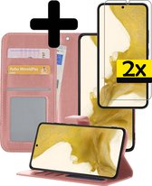 Samsung S22 Ultra Hoesje Book Case Met 2x Screenprotector - Samsung Galaxy S22 Ultra Case Hoesje Wallet Cover Met 2x Screenprotector - Rose Goud