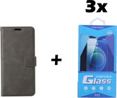 Samsung Galaxy A21s Telefoonhoesje - Bookcase - Ruimte voor 3 pasjes - Kunstleer - met 3x Tempered Screenprotector - SAFRANT1 - Grijs