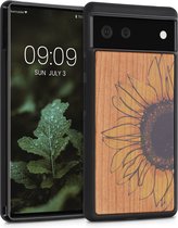 kwmobile telefoonhoesje compatibel met Google Pixel 6 - Hoesje met bumper in geel / donkerbruin / lichtbruin - kersenhout - Wood Sunflower design