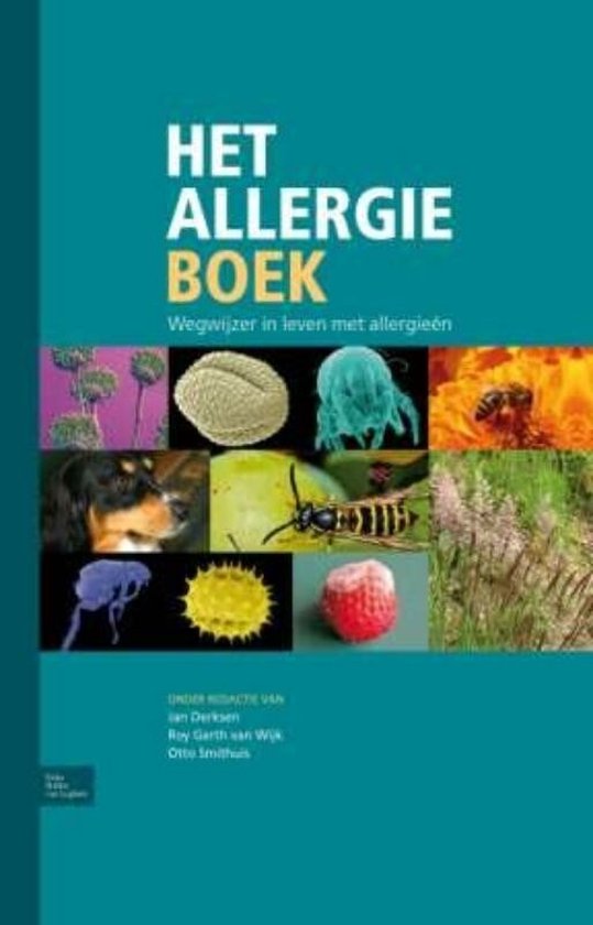 Livre "Het Allergie Boek" avec des images de pollen, acarien de poussière, abeille, chien, guêpe, fraise et plantes.
