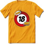 18 Jaar Hoera Verkeersbord T-Shirt | Grappig Verjaardag Cadeau | Dames - Heren | - Geel - M