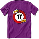 11 Jaar Hoera Verkeersbord T-Shirt | Grappig Verjaardag Cadeau | Dames - Heren | - Paars - XXL