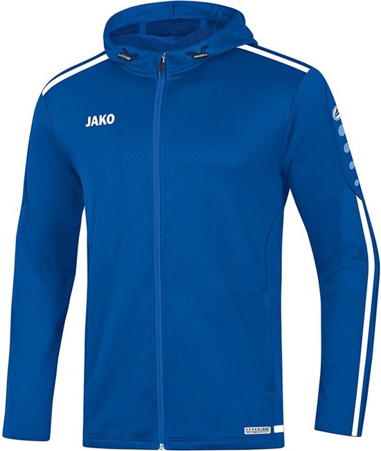 Blauw Jako trainingsjack met capuchon, rits, witte strepen op de mouwen en logo op de borst.