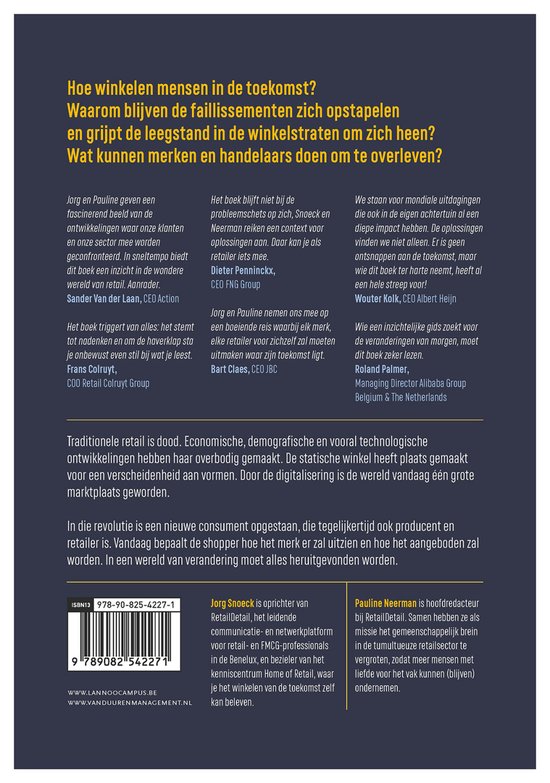 Boek met de titel 'Hoe winkelen mensen in de toekomst?'. Met 3 portretten van Jörg Snoeck, Pauline Neerman en Sander van der Laan.