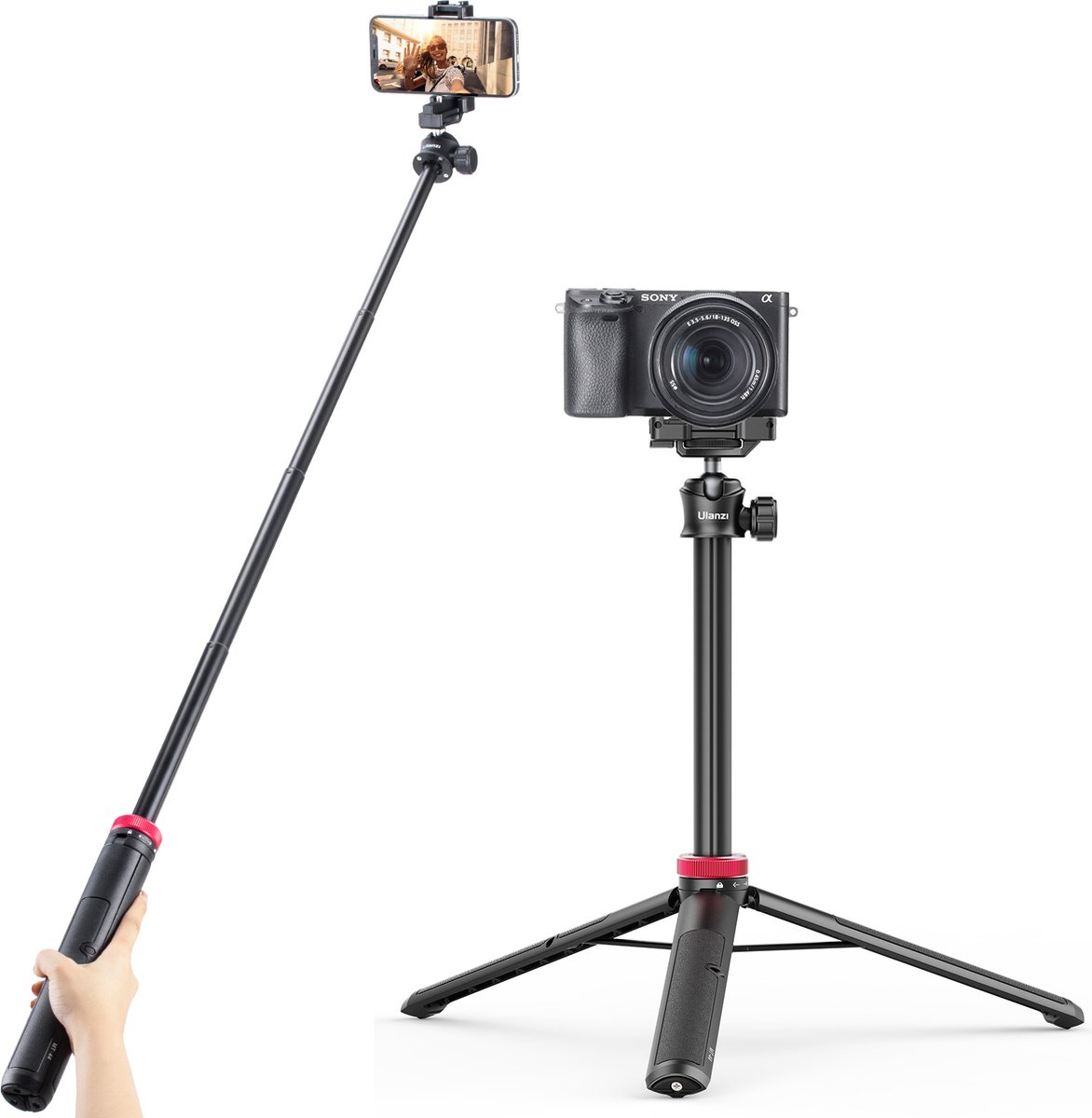 Ulanzi MT-44 Selfiestick Statief voor telefoon en camera - Max 146cm hoog - Uitschuifbaar - Zwart/Rood