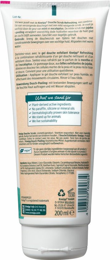 Kneipp Refreshing - Douche scrub - Body scrub - Frisse geur van Mint en Cucalyptus - Voor alle huidtypen - Vegan - 1 st - 200 ml - Kneipp